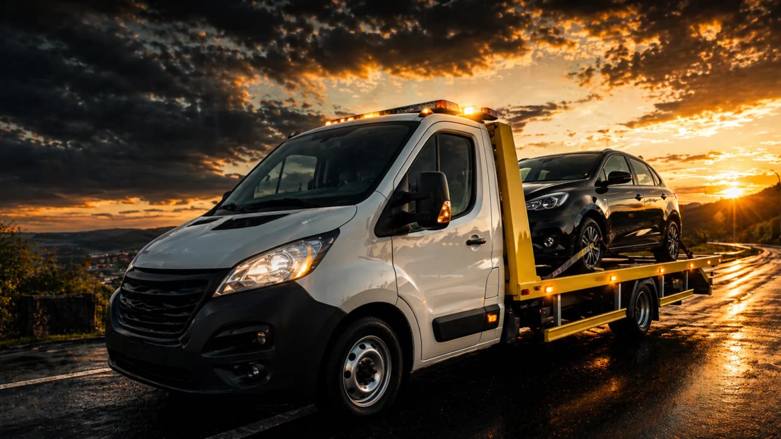 Dépanneuse Hainaut Service au coucher du soleil avec voiture remorquée